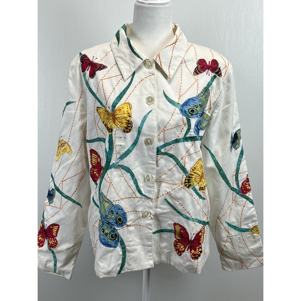 NEW! Hona To Be Butterfly Jacket Sz Large Full Button Appliqué Art to Wear Women